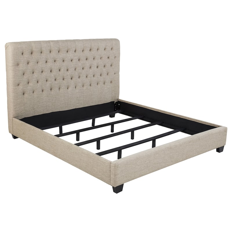 Oatmeal Twin Upholstered Bed with Button-Tufted High Headboard and Sleek Open Design