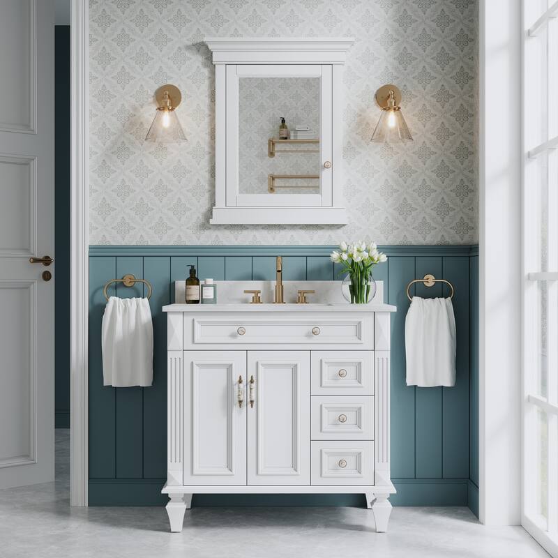 26"W x 32"H Recessed Wall-Mounted Solid Wood Medicine Cabinet with Adjustable Glass Shelves