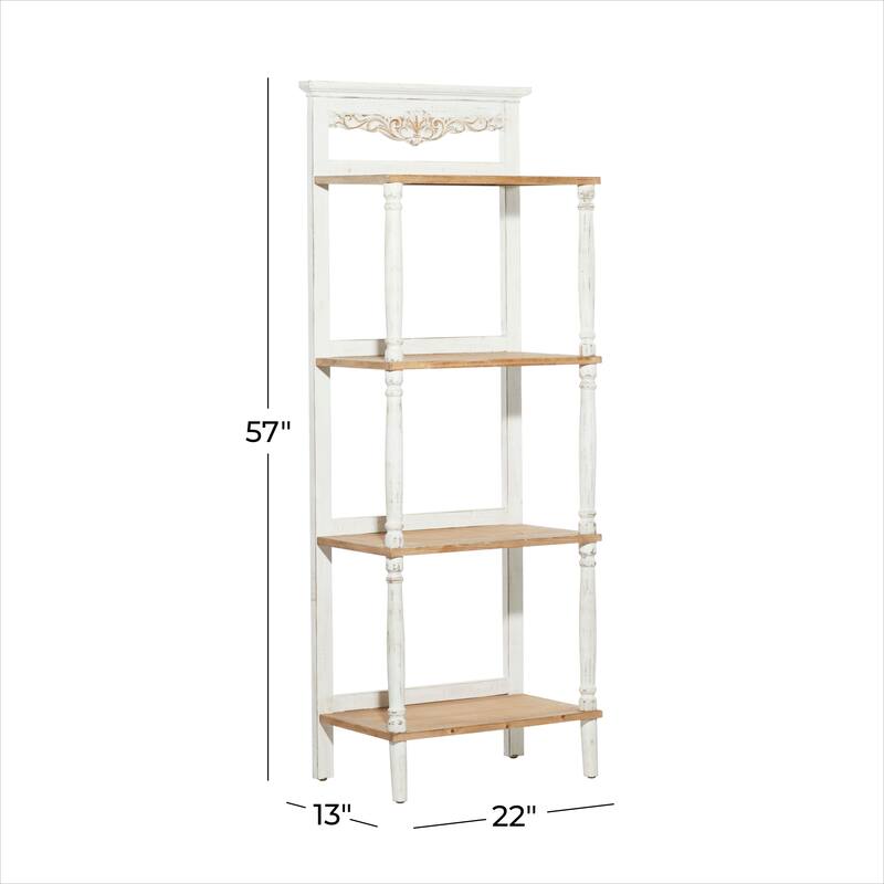 White Wood Intricately Carved 4 Shelves Floral Shelving Unit
