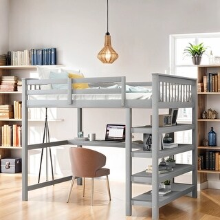 Pine Wood Bunk Bed with Storage Shelves and Under-Bed Desk,Full Size