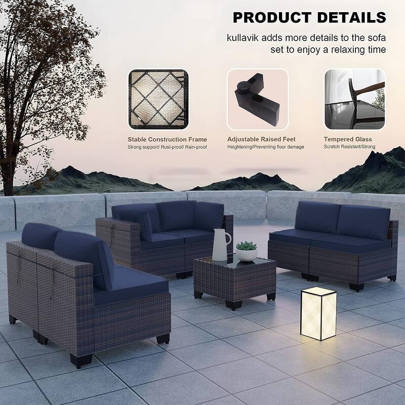 Kullavik 7 Pieces Outdoor Sectional Sofa Set Brown Wicker Patio Conversation Set with Seat Cushions and Tempered Glass Table
