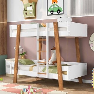 Twin Size Wood Bunk Bed with Built-in Ladder and 4 Wood Color Columns ...