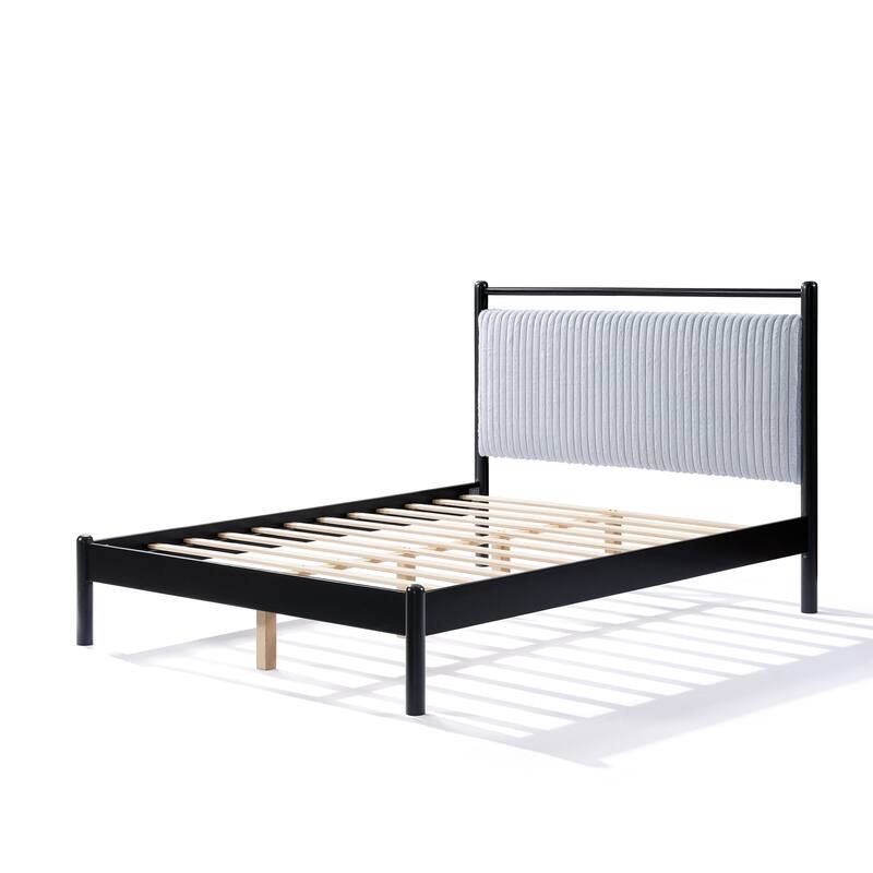 Full Size Wood Platform Bed with Soft Headboard, Grey and Black Frame