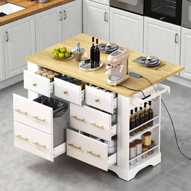 Rolling Kitchen Island with 6 Drawers, Pull-Out Trash Can Storage, Drop Leaf, Power Outlet & Side Racks