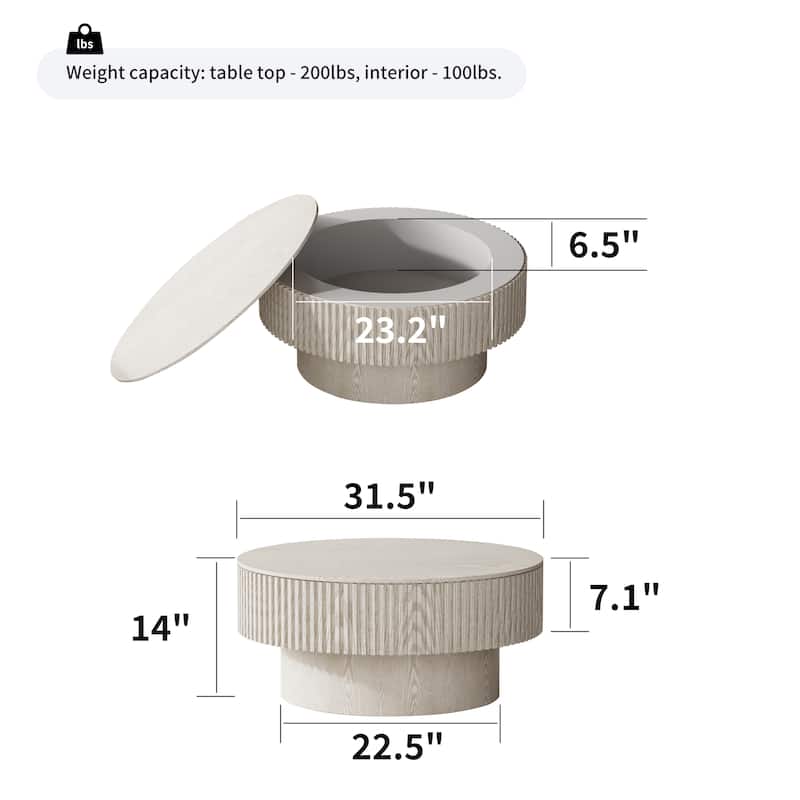 Modern 31.5" Round Coffee Table with Storage Solid Wood Veneer for Living Room and Bedroom Use