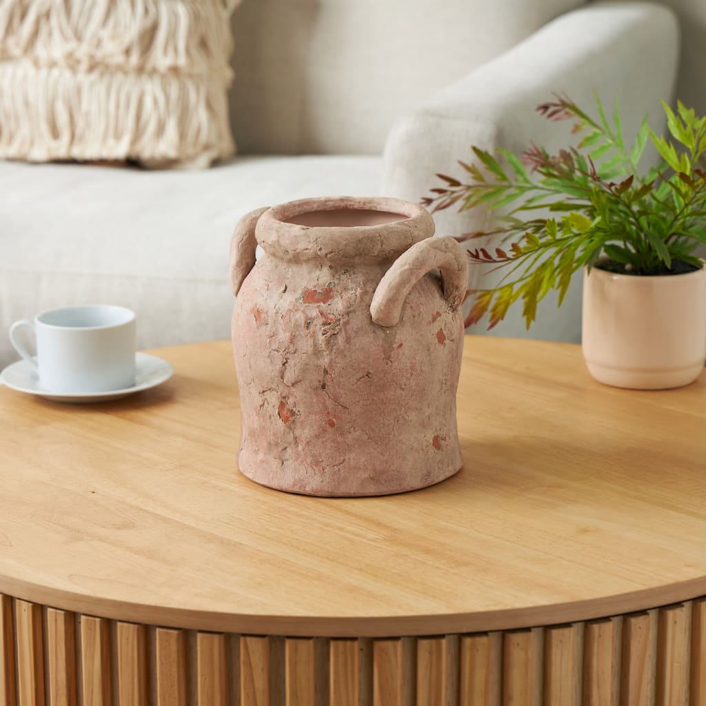 Pink Ceramic Antique Style Distressed Decorative Vase with Handles