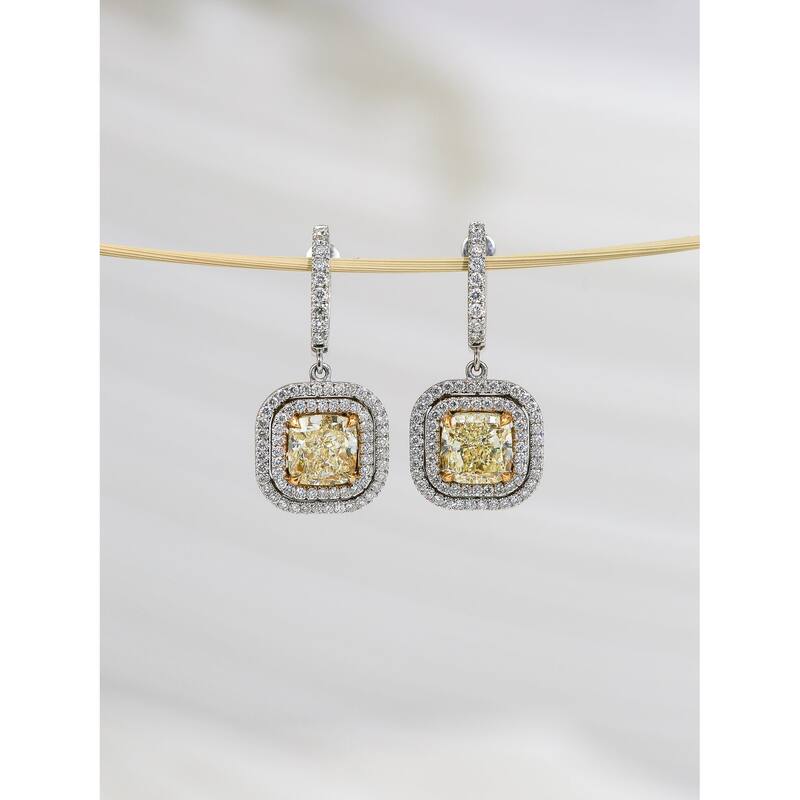 Kobelli 6.21 Carat Yellow Diamond 18k Solid White Gold Square Double Halo Liora Dangle Earrings