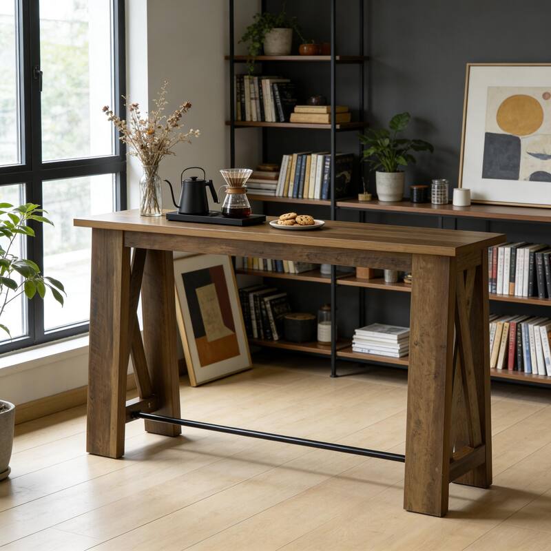 Console Table with Metal Footrest, 63" Counter Height Entryway Table, Narrow Kitchen Dining Table