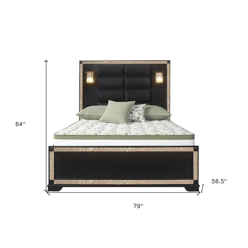 HomeRoots Black And Gold Faux Crystal Bling Wood And Upholstery Lighted Full Bed Frame