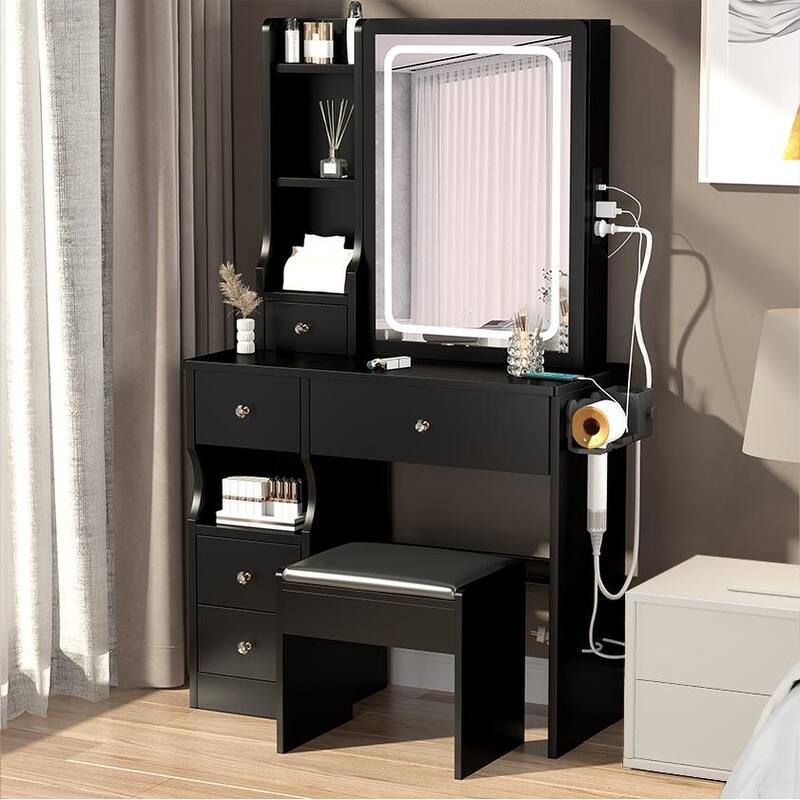 Left Drawer Makeup Vanity with LED Mirror and USB Power Station and Cushioned Stool
