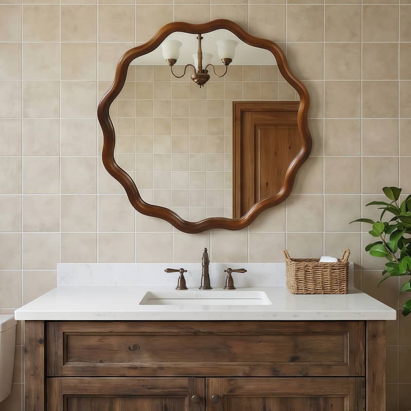 24 inch Wavy Round Solid Wood Frame Decorative Mirror - Black + Dark Walnut - 24"x24"