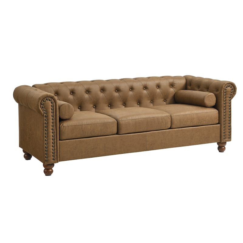 Chesterfield 74.5" Button Tufted Upholstered 3-seater Sofa with Nailheads and Pillows for Living Room