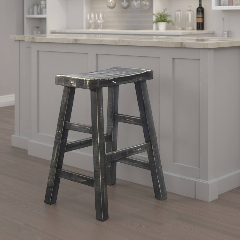 Rena Counter Stool Set of 2, Saddle Seat, Black Sand Mahogany Wood