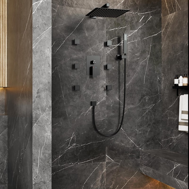 12" Wall Mount Rainfall 3 Way Thermostatic Faucet Shower System with Slide Bar, 6 Jets