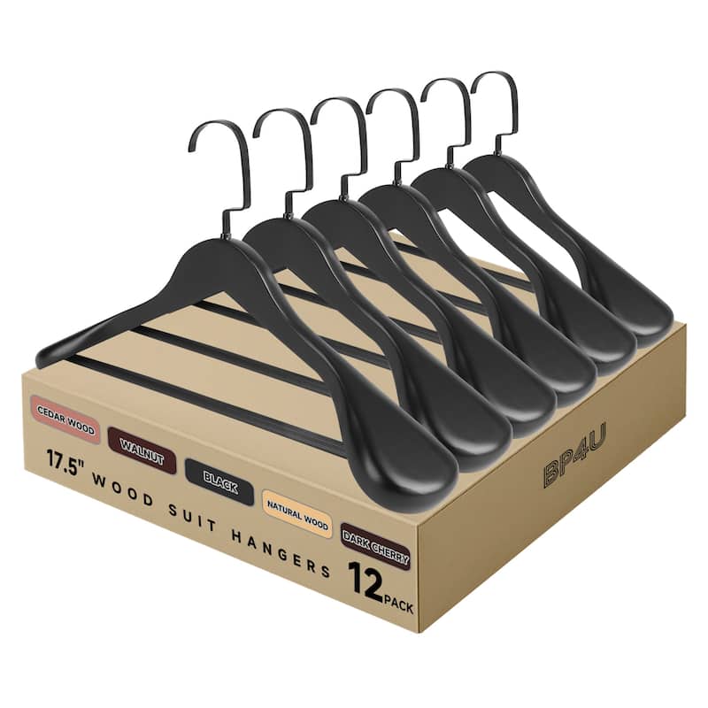 BP4U Premium Wide Shoulder Wooden Suit Hangers, 17.5-Inch Heavy-Duty Solid Wood Coat Hangers for Men's Clothes - 12-Pack - Black