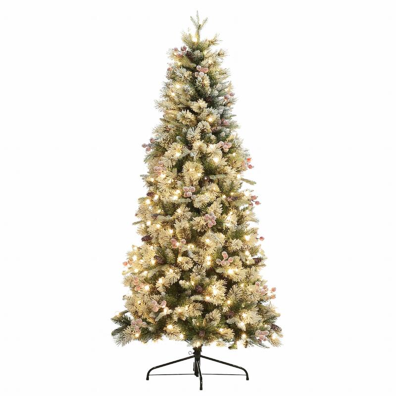 6.5Ft Pre-Lit Flocked Artificial Christmas Tree with Berries and Pinecones - 78" H x 40.6" Diameter