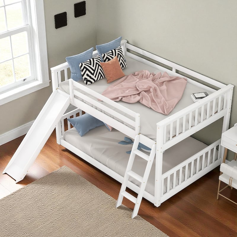 Twin Over Twin / Full Over Full Wooden Bunk Bed with Convertible Slide and Ladder, Guardrails, No Box Spring Needed