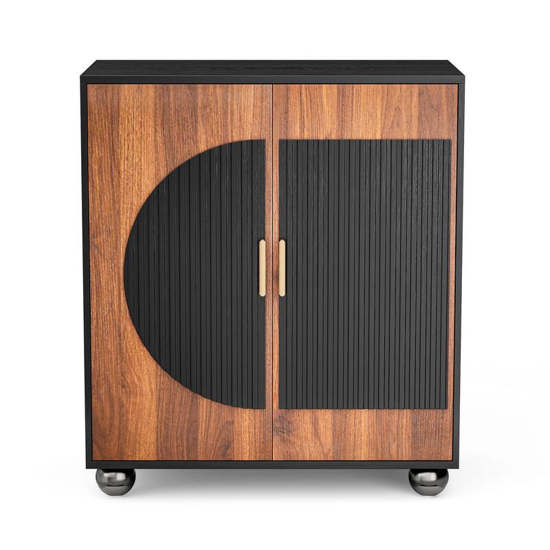 Modular Fluted Buffet Cabinet with Storage, Small Sideboard Table - Dark Walnut Single Size 