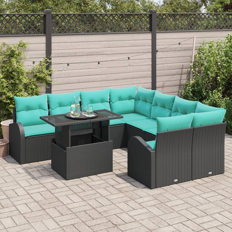 vidaXL 9 Piece Garden Sofa Set with Cushions Black Poly Rattan - 92.1×92.1×27.2