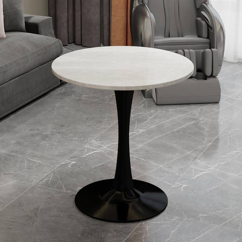 27.6" Mid-Century Modern Style Dining Table, Accommodates 2-4 People, Featuring A Round White-Veined Marble Tabletop - Black White