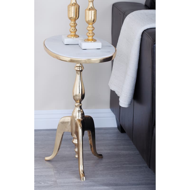 Aluminum Metal Turned Oval Accent Table with White Marble Top and Scroll Legs - Gold - Roche River Decor - 12"W x 19"L x 22"H