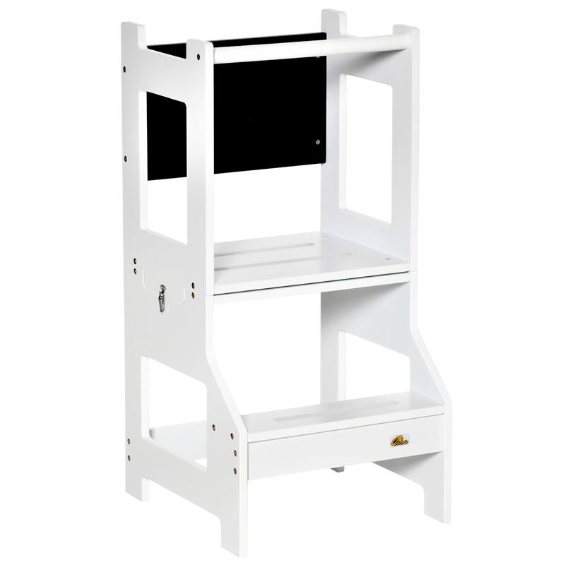 Kids Kitchen Step Stool, 2 in 1 Kitchen Table Set Toddler Standing Tower with Chalkboard, Safety Rail - White