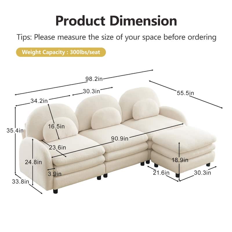 98.2" Teddy Fabric Sectional Sofa with Curved Pillows and Ottoman