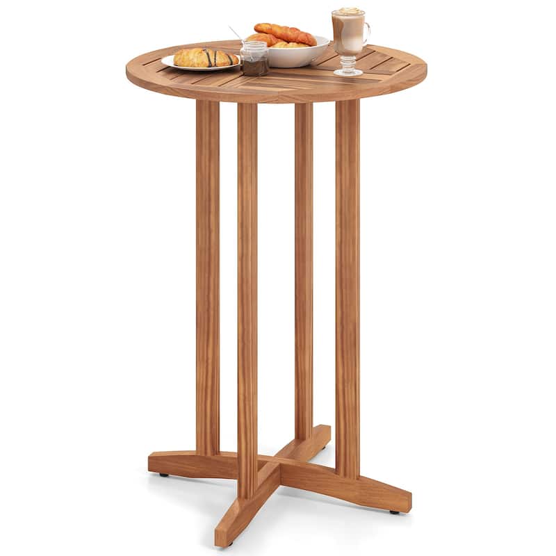 Natural Acacia Wood Outdoor Bar Table 28" Round Slatted Top with Adjustable Feet - 28" L X 28" W x 39" H
