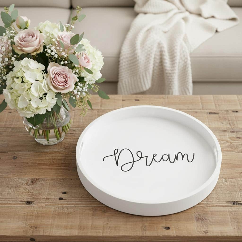 HomeRoots 14" White And Black Dream Round Serving Tray With Handles - 13.75 in. x 1.65 in. x 13.75 in.