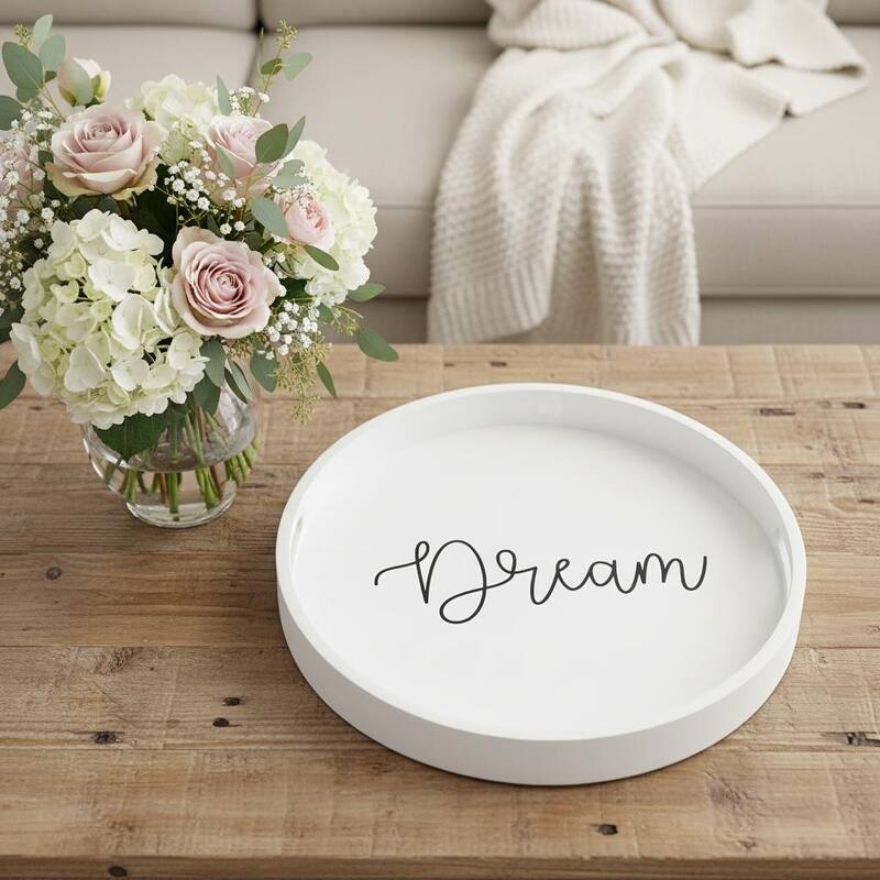 HomeRoots 14" White And Black Dream Round Serving Tray With Handles - 13.75 in. x 1.65 in. x 13.75 in. - White/Black - 13.75 in. x 1.65 in. x 13.75 in.