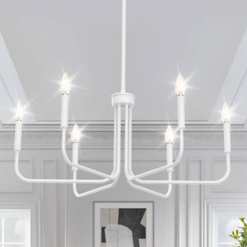 YANSUN 6-Light Straight Rod Candle Chandelier, 28-Inch, All-White Finish for Clean and Elegant Lighting - White - 28.2*28.2*15.7