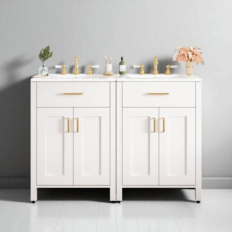48" Modern Bathroom Vanity with Double Ceramic Sink, Flip Drawer, Soft-Close Doors & Gold Handles, Freestanding聽聽 - White