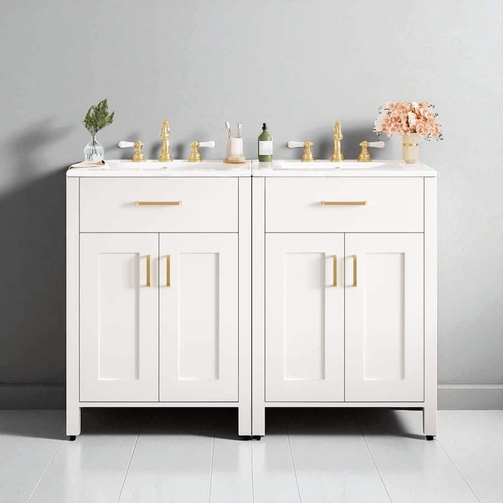 48" Modern Bathroom Vanity with Double Ceramic Sink, Flip Drawer, Soft-Close Doors & Gold Handles, Freestanding聽聽