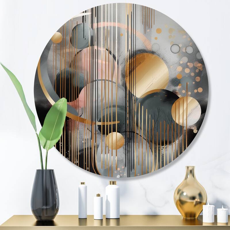 Designart "Abstract Shapes And Lines III" Abstract Marble Metal Round Wall Art - 23x23 - Disc of 23 Inch