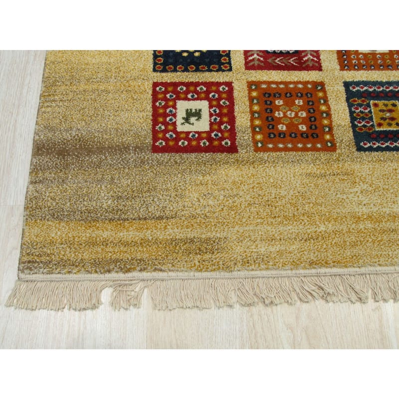 Beige Bohemian Oriental Gabbeh Rug - Soft, hand-knotted rug with playful Bohemian design. - N/A