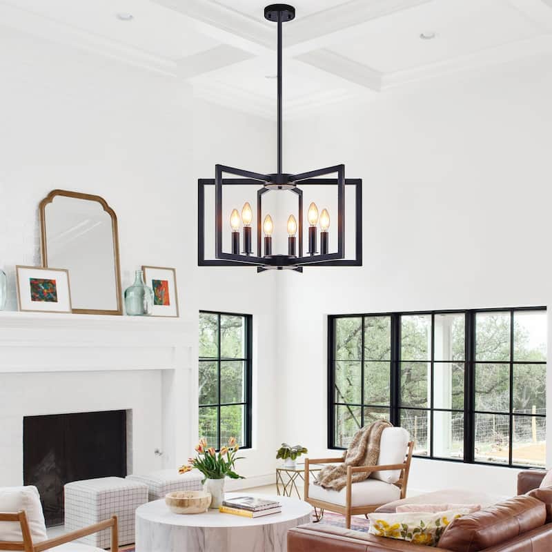 22" Modern Black Geometric 6-Light Chandelier, Metal Pendant Light Fixture for Living Room, Dining Room(Bulb Not Included)