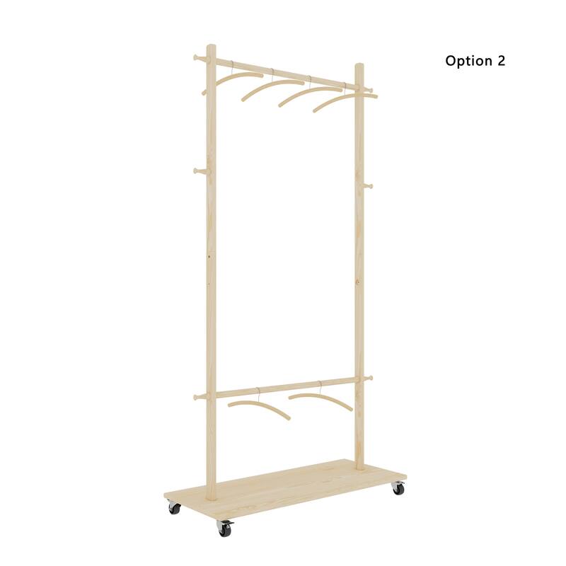 Modern Coat Rack Solid Wood Drying Rack with 6 Hangers, Adjustable Shelf and Wheels, for Living Room