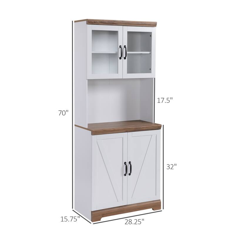 HOMCOM 70" Farmhouse Kitchen Buffet with Hutch, Cupboard Cabinet with Glass Doors, Adjustable Shelves, Microwave Countertop