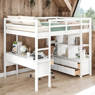 Full Size Loft Bed With Built-in Desk With 2 Drawers And Shelves for Home