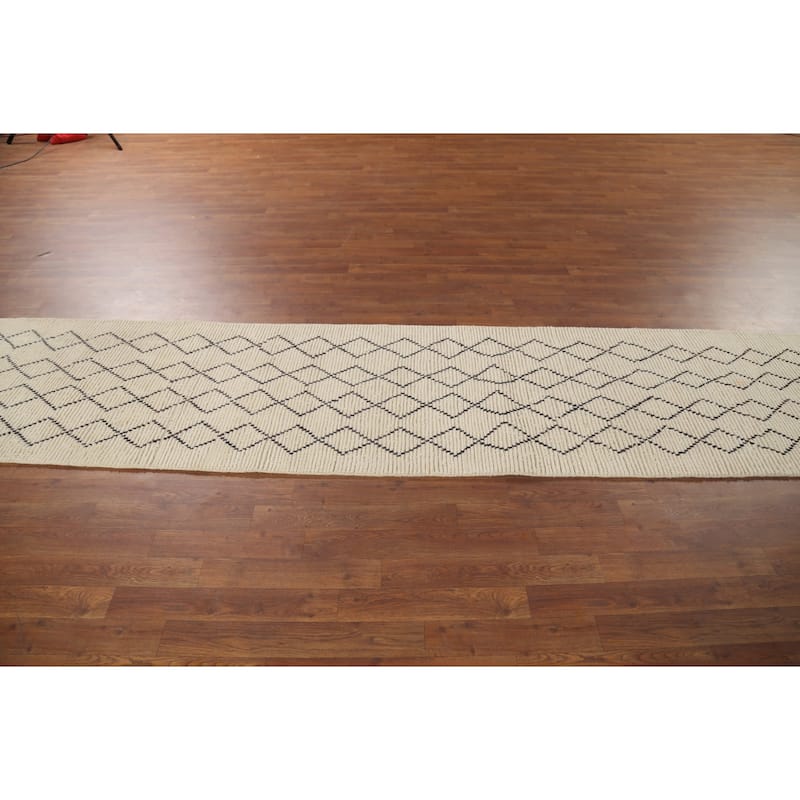 Ivory Trellis Moroccan Modern Runner Rug Handmade Wool Carpet - 2'5"x 12'7"