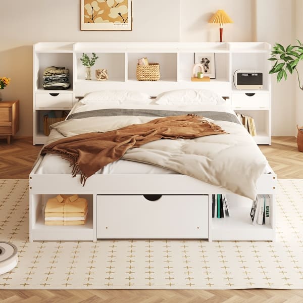 slide 2 of 18, Queen Size Solid Pine Wood Platform Kids Bed Frame with Multi-Storage Headboard, Large Drawer, and Open Shelves, White White