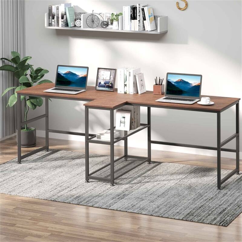 Double Workstation Desk with Storage Shelves Two Person Computer Table with Steel Frame for Home Office Study Room