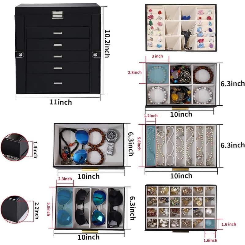 6 Layer Large Jewelry Organizer With Mirror - 6.6"D x 10.6"W x 11"H