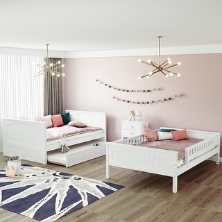 White Full Over Full Pine Wood Bunk Bed with Twin Trundle, Guardrails