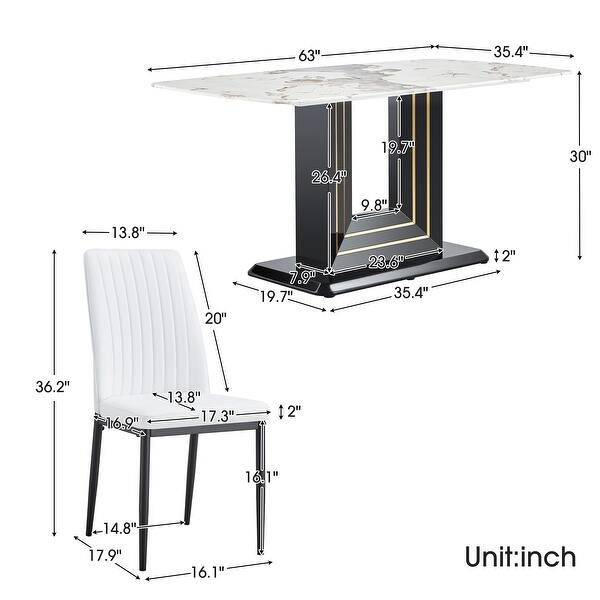 5 Pc Faux Marble Dining Table Set Glass Meetings Table w/ 6 PU Chairs ...