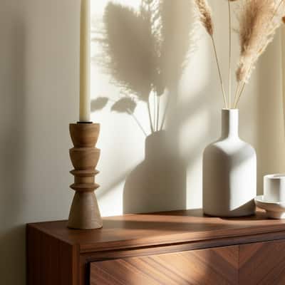 Mango Wood Candle Holder Carved Design Decorative Sculptural Accent