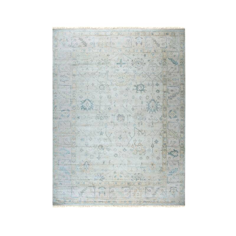 Hand-Knotted Natural Silk Oushak Rug, 10' x 14', Gray/Light Olive Area Rug, Luxurious Soft Texture for Home - L