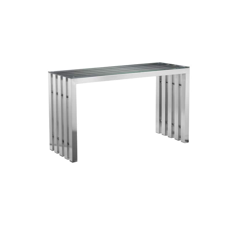 Namo 51 Inch Console Table, Tempered Glass Top, Slatted Silver Metal Frame