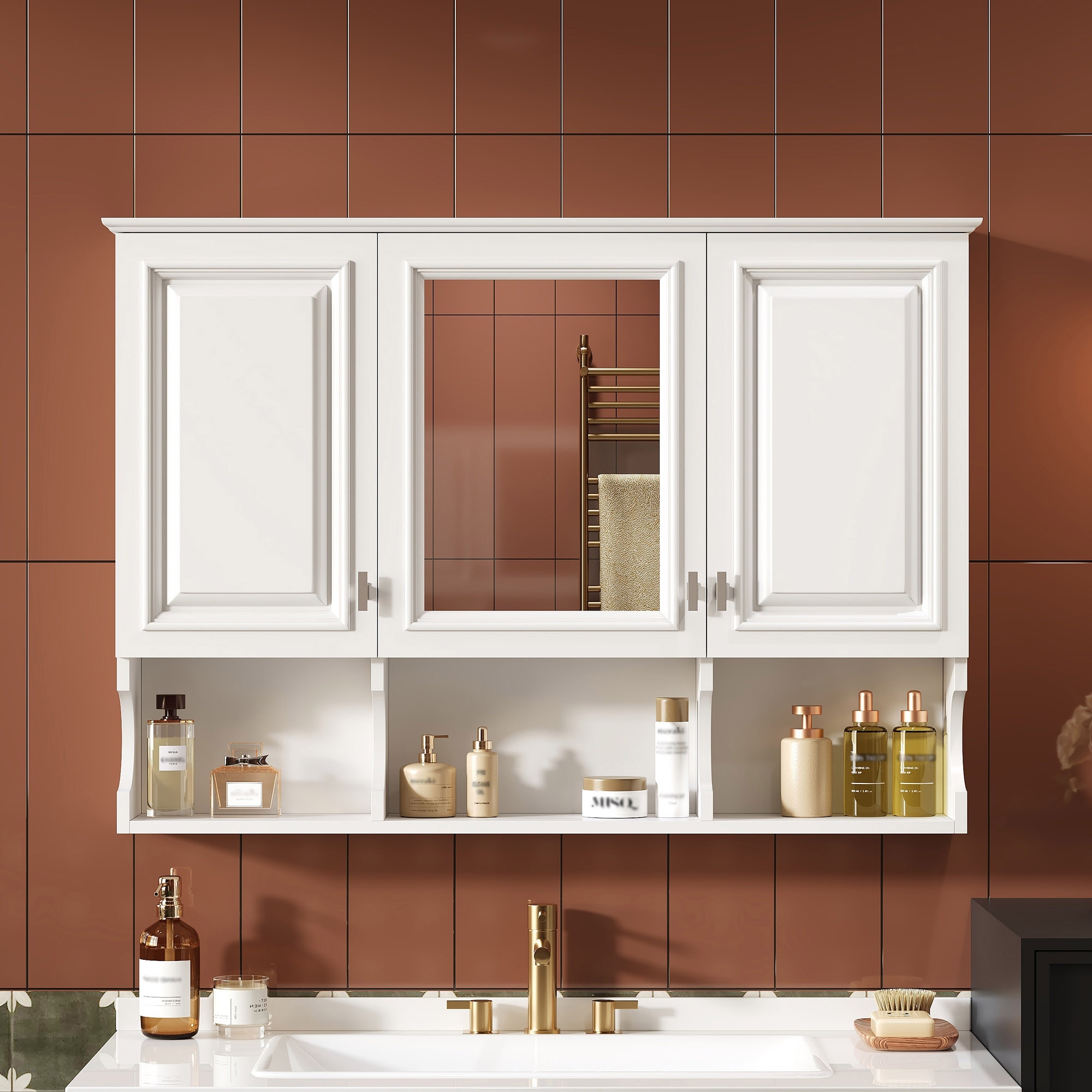 41 Inch Mirror Medicine Cabinet with Open Shelves, Wall Mounted Home Storage with Doors & Mirror, Adjustable Shelf