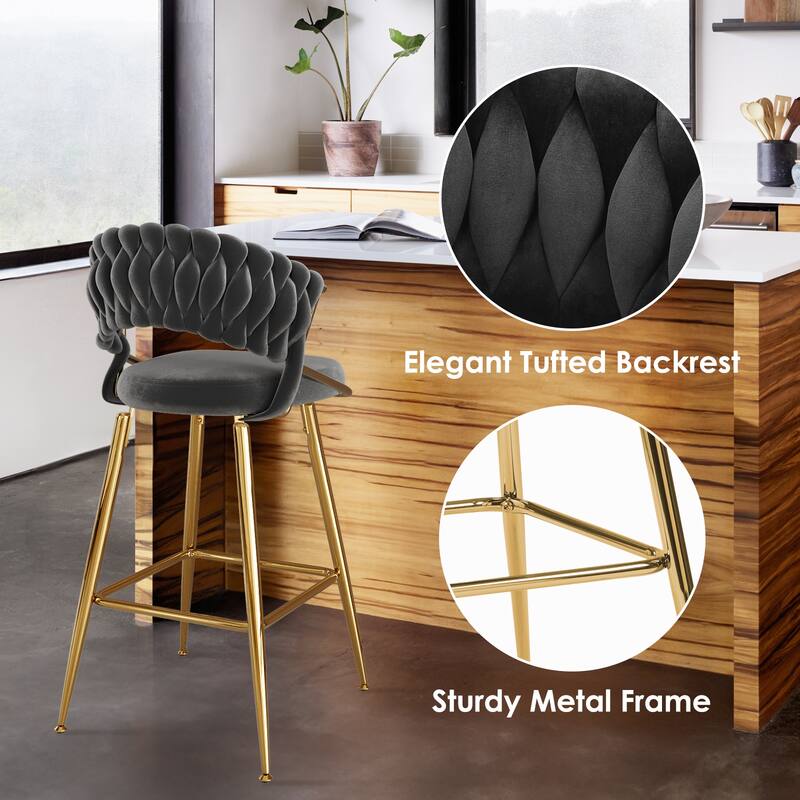 Modern Velvet Counter Stool Ergonomic Design Plush Seat for Kitchen Island Bar - Set of 2